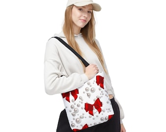 Red Bow + Pearl Tote Bag