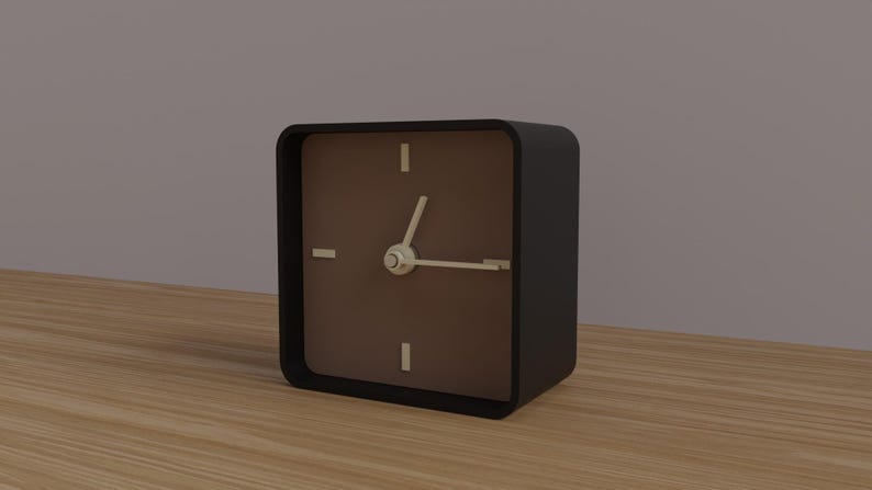 May include: A square black analog clock with a brown face. The clock has white hands and white markers at the 12, 3, 6, and 9 o'clock positions. The clock is sitting on a wooden surface.