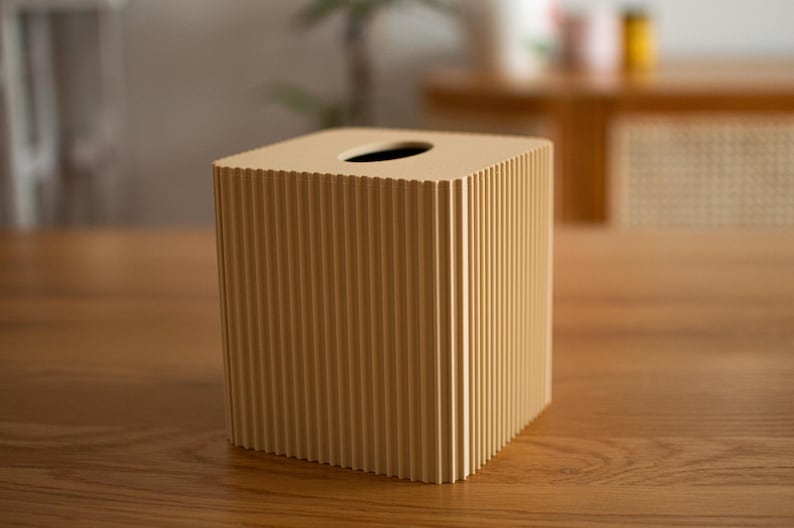 Modern Ribbed Tissue Box Cover – Minimalist 3D Printed Square Tissue Holder for Bathroom, Bedroom & Office Desert Tan