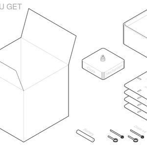 May include: An isometric illustration showing the components of a clock kit. The image includes a box, a clock mechanism, a black frame, face plates, dials, and a battery. Text reads "WHAT YOU GET".