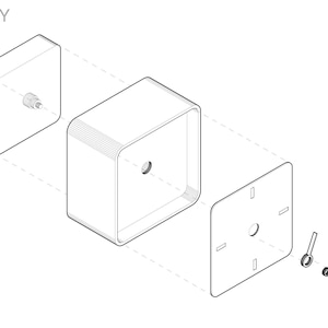 May include: An exploded view diagram of an assembly, featuring a square box, a square plate, and two small fasteners. The word "ASSEMBLY" is at the top left.