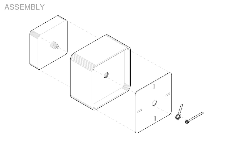 May include: An exploded view diagram of an assembly, featuring a square box, a square plate, and two small fasteners. The word "ASSEMBLY" is at the top left.
