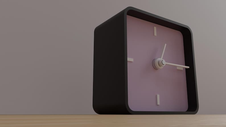 May include: A square black alarm clock with a light purple face. The clock has white hands and white rectangular markers for the hours. The clock is sitting on a wooden surface.