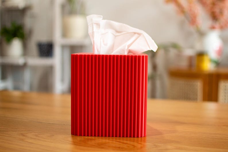 Modern Ribbed Tissue Box Cover – Minimalist 3D Printed Square Tissue Holder for Bathroom, Bedroom & Office Ruby Red