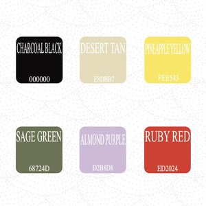 May include: A color palette featuring eleven color swatches. Colors include Ivory White, Charcoal Black, Desert Tan, Pineapple Yellow, Mocha Brown, Navy Blue, Sage Green, Almond Purple, Ruby Red, and Sunset Orange. Each swatch displays the color name and hex code.