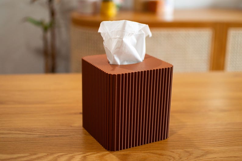 Modern Ribbed Tissue Box Cover – Minimalist 3D Printed Square Tissue Holder for Bathroom, Bedroom & Office Mocha Brown