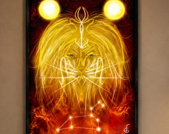 Hand Drawn Leo Zodiac Poster, Spiritual Lion Artwork, Celestial Fire Sign Decor