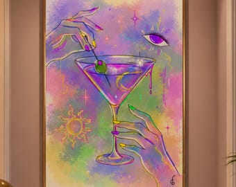 Hand drawn Martini Poster, Pastel Print, Colorful Room Decor, Funky Bar Cart Decor
