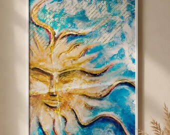 Celestial Sun Giclée Print, Blue Gold Boho Mediterranean Art (Fine Art Paper)