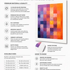 May include: A fine art poster featuring a grid of vibrant, multi-colored squares in shades of orange, red, purple, and blue. The informational graphic details 12-color gicl&eacute;e printing, FSC-certified archival paper, a matte finish, and various available sizes.