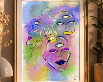 Hand Drawn Abstract Faces Poster, Colorful Neon Artwork, Surreal Wall Decor, Modern Bedroom Print