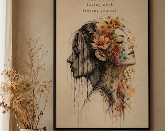 Self Growth Wall Art | Woman with Flowers, Therapy Office Decor (UV-Resistant Print)