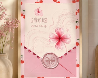 La Vie En Rose Cherry Poster | Pink Coquette Wall Art Print | Romantic Bedroom Decor