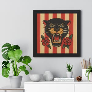 Panther Tattoo Framed Print: Vintage Sailor Jerry Style Wall Art