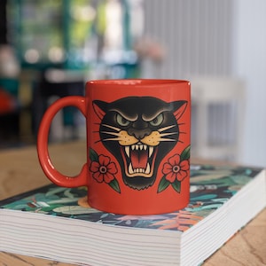 Panther Tattoo Flash Mug: American Traditional Rockabilly Coffee Cup