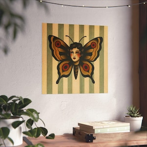 Vintage Butterfly Woman Tattoo Flash Art Print - American Traditional Decor