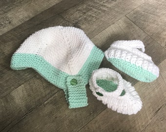 Pure cotton handknit baby helmet and shoes