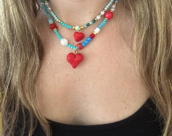 Summer boho beaded heart charm glass bead stackable necklace