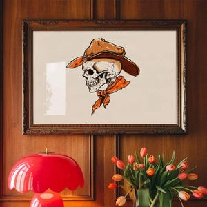 Boceto de esqueleto de vaquero / Arte gótico de pared occidental / Póster retro de Halloween del suroeste