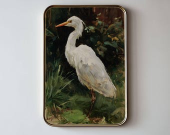 White Heron Oil Painting Print – Antique Marsh Bird Wall Art, Coastal Farmhouse Nature Decor