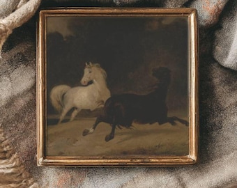Horses in a Thunderstorm | Vintage Equestrian Oil Painting Print | Wild Horse Landscape Art