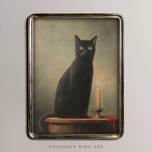 Vintage Spooky Black Cat Oil Painting Art Print: Gothic Halloween Cottagecore (Digital Download)