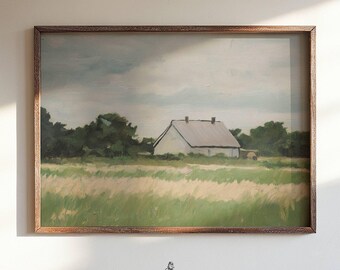 Vintage Farmhouse Oil Painting Print | Moody Countryside Landscape | Neutral Farmhouse Wall Art Download