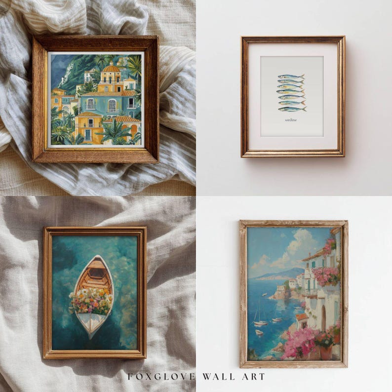 May include: Four framed art prints. One depicts a coastal town with yellow and blue buildings. Another shows a row of sardines. A third shows a boat filled with flowers. The last shows a coastal scene with boats and pink flowers. The text "FOXGLOVE WALL ART" is at the bottom.