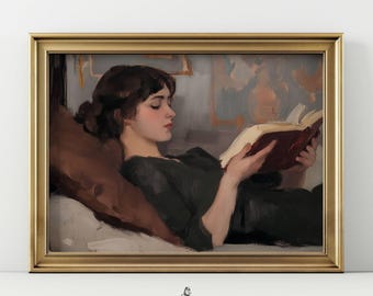 Brunette Girl Reading Oil Painting | Book Lover Wall Art | Dark Academia Decor | Reading Poster | Librariancore Gift