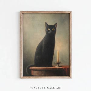 Vintage Spooky Black Cat Oil Painting Art Print: Gothic Halloween Cottagecore (Digital Download)