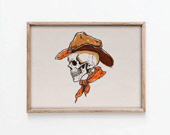 Skeleton Cowboy Sketch | Gothic Western Wall Art | Retro Southwest Halloween Poster