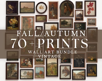 Pode incluir: Uma coleção de mais de 70 impressões de arte de parede em estilo vintage com várias paisagens, animais, ilustrações botânicas e retratos em molduras de formas e tamanhos variados, com o texto FALL/AUTUMN 70+ PRINTS WALL ART BUNDLE VINTAGE.