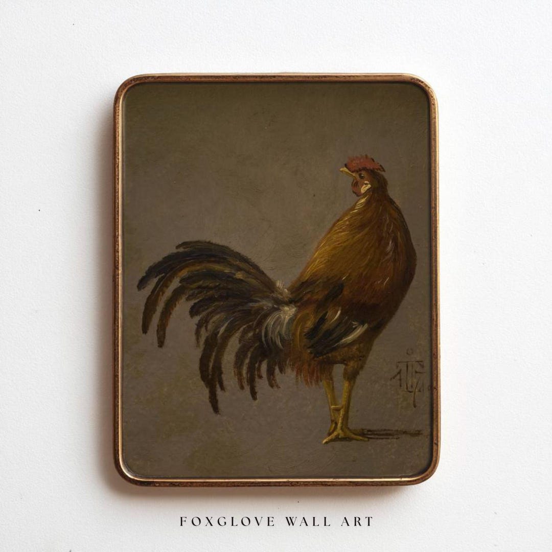 Vintage Rooster Oil Painting Print | Rustic Farmhouse Cottagecore Wall ...