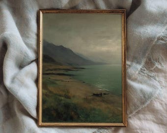 Vintage kust klif zeegezicht print | Antiek zeilbootolieverfschilderij | Neutrale muurkunst strandhuis