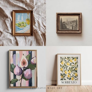 May include: Four framed art prints. Top left: a still life of a salad and olive oil. Top right: a sepia-toned landscape. Bottom left: a fig still life. Bottom right: a lemon tree print with the word "SORRENTO".
