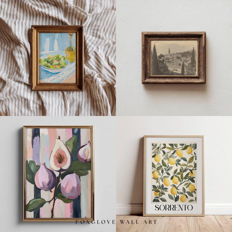 May include: Four framed art prints. Top left: a still life of a salad and olive oil. Top right: a sepia-toned landscape. Bottom left: a fig still life. Bottom right: a lemon tree print with the word "SORRENTO".