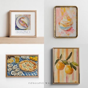 May include: Four framed art prints. One features a fish on a plate with the word "BRANZINO". Another shows a swirl of soft-serve ice cream. A third depicts a pizza with oysters and lemons. The last shows oranges on a branch.