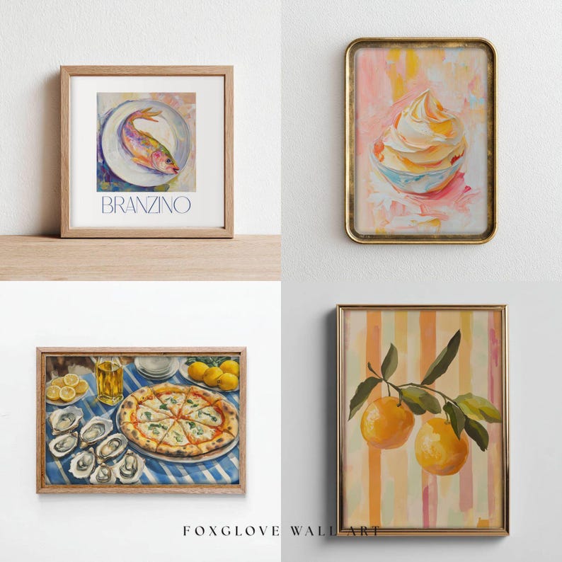 May include: Four framed art prints. One features a fish on a plate with the word "BRANZINO". Another shows a swirl of soft-serve ice cream. A third depicts a pizza with oysters and lemons. The last shows oranges on a branch.
