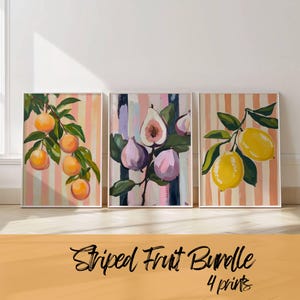 Conjunto de Estampas de Frutas Listradas | Conjunto de Pôsteres de Frutas com Natureza Morta | Arte Botânica em Tinta a Óleo | Estampas de Limão, Figo, Pêssego e Laranja para Decoração de Cozinha