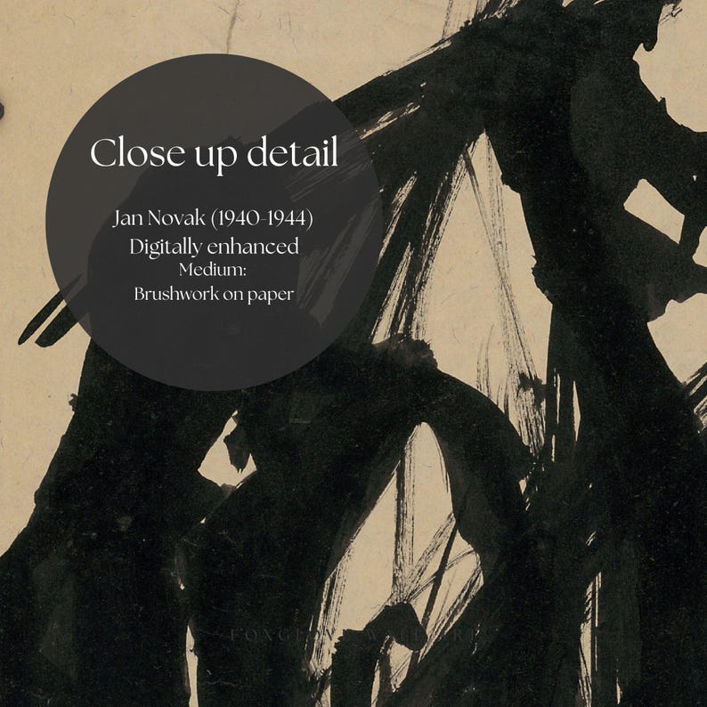 May include: Close-up detail of a digitally enhanced brushwork on paper artwork by Jan Novak (1940-1944). The abstract composition features bold black brushstrokes against a beige background. The text "Close up detail" is visible.