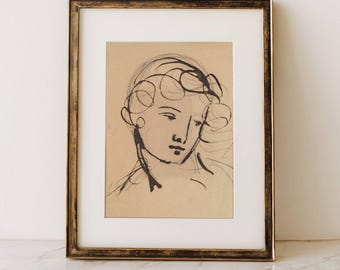 Vintage Female Portrait Sketch Print | Neutral Line Drawing | Antique Figurative Art Download