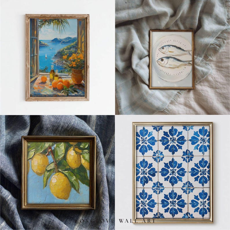 May include: Four framed art prints. Top left: a coastal landscape painting with oranges and a bottle. Top right: a still life of two fish on a plate. Bottom left: a lemon tree painting. Bottom right: a blue and white tile pattern.