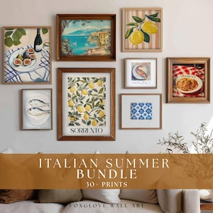 May include: A collection of framed art prints with an Italian summer theme. The prints showcase lemons, coastal views, food, and decorative patterns. The text "ITALIAN SUMMER BUNDLE" and "30+ PRINTS" is visible.