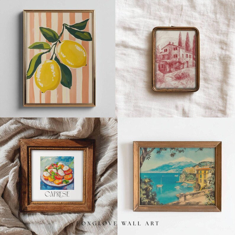 May include: Four framed art prints. One shows yellow lemons on a branch against a striped background. Another depicts a red and white sketch of a building. A third shows a Caprese salad, and the last one is a coastal landscape.