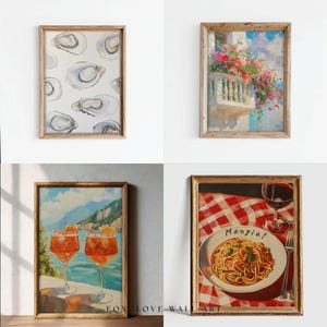 May include: Four framed art prints. One shows oyster shells on a white background. Another depicts a balcony with vibrant flowers. The third shows two cocktails with a coastal view. The last shows pasta with the word "Mangia!"