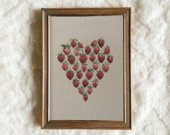 Strawberry Heart Valentine Print, Coquette Cottagecore Wall Art (Digital Download)