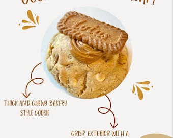 May include: A thick and chewy bakery-style cookie topped with a layer of caramel spread and a Lotus biscuit. The cookie has a crisp exterior and a soft, gooey center.  "COOKIE BUTTER DREAM" is written in brown text at the top of the image.