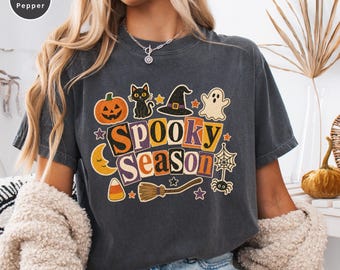 Comfort Colors® Spooky Season Halloween Shirt, Retro Vintage Halloween Tee, Pumpkin Ghost Black Cat Shirt, Halloween Gift