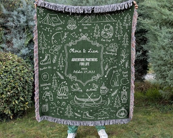 Custom Adventure Couple Blanket, Personalized Woven Throw For Outdoorsy Lovers, Wedding Keepsake, Hiking Camping Gift, Anniversary Present
