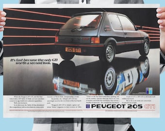 Póster vintage del Peugeot 205 GTI: arte de rally francés, decoración retro para garaje